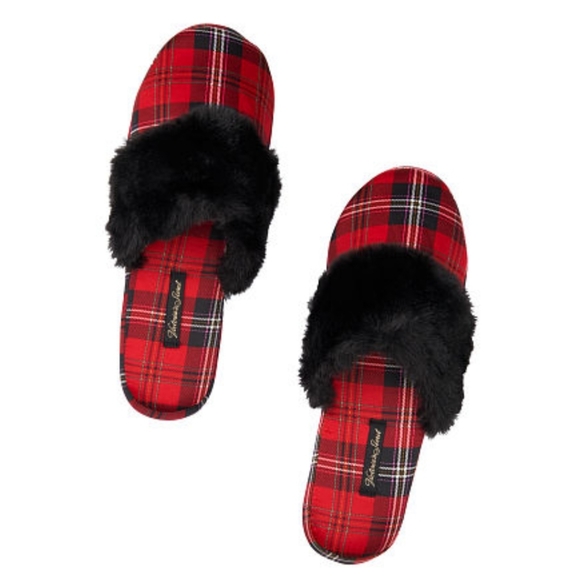 NWT Victoria's Secret Pink Striped Faux Fur Signature Slippers - Picture 6 of 6